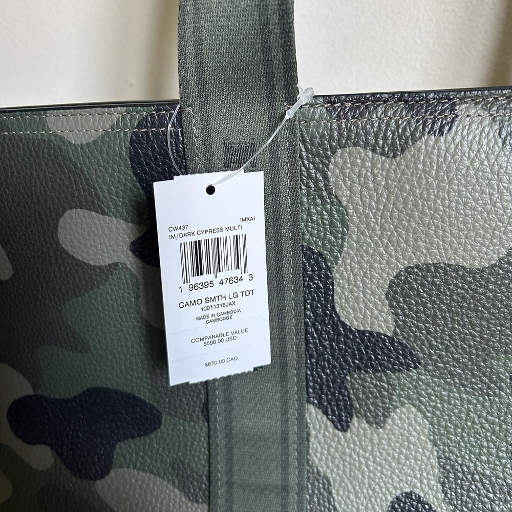 Coach Smith Tote Dark Cypress Camo Pebbled Leather Large Bag NWT - Picture 3 of 9